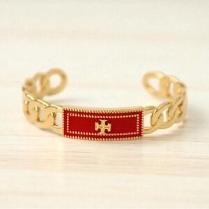 TORY BURCH • Red Milgrain Gold Link Cuff Bracelet $179